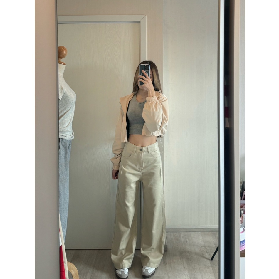 R89 สีครีม Baggy Cream กางเกงยีนส์กระบอกใหญ่ (ผ้ายีนส์ ไม่ยืด) กางเกงพร้อมส่ง