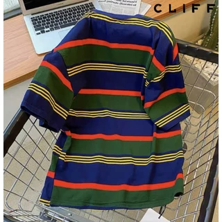 CLIFF -COD✅เสื้อยืดผู้ชาย ขอบลายสี คอกลมแขนสั้น ชุดคู่รัก แมทช์ลุคง่าย แบบหลวม ลำลอง