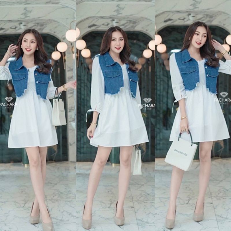 เซ็ต 2 ชิ้น เดรสสั้นคอเหลี่ยมแขนยาวสีขาว(00180SA)