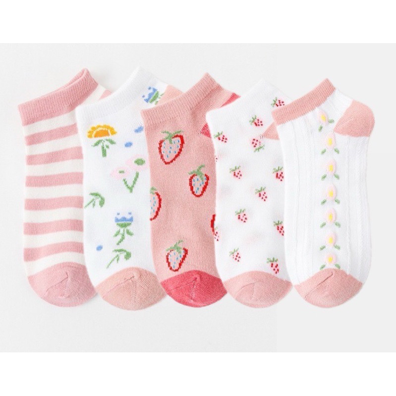 พร้อมส่ง ถุงเท้าข้อสั้น ลายดอกไม้+สีชมพู สไตล์เกาหลี (1 เซต มี 5 คู่)