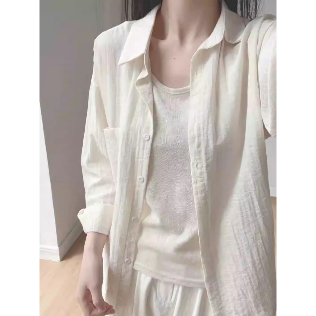 เสื้อเชิ้ตใหม่แขนยาวมีกระดุมผู้หญิง CTB142  ดีไซน์เรียบๆ ผ้านิ่มใส่สบาย free size สีครีม อก42 🚨Shirt🚨 พร้อมส่ง