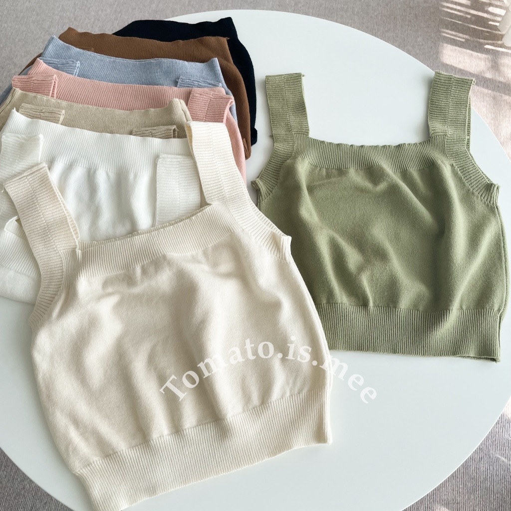 เสื้อกล้ามไหมพรมคอเหลี่ยม สายใหญ่ ทรงครอป เสื้อกล้ามไหมพรมสีพื้น ทรงน่ารัก พร้อมส่ง 8 สี !!! (SY23147)