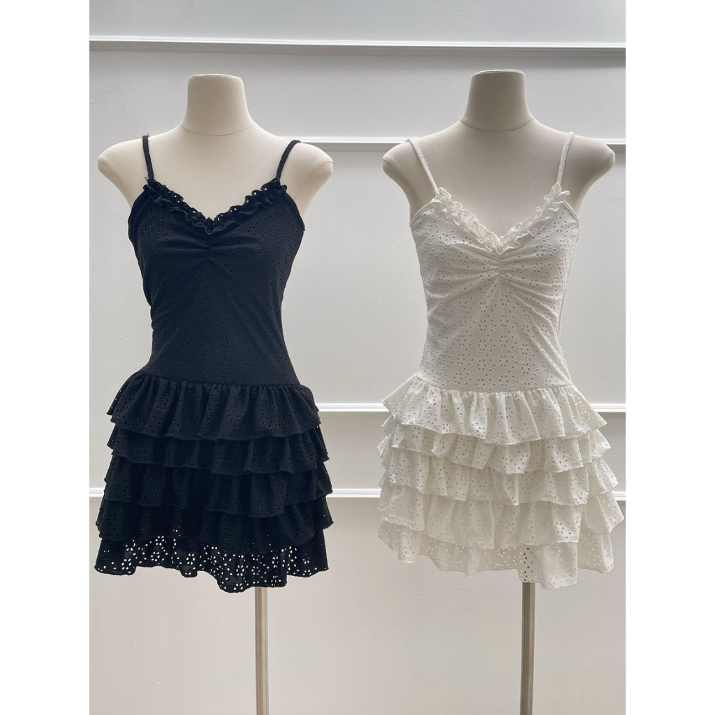 BN464 มินิเดรส เลล่า ฉลุ จีบอก ผ้าเด้งๆ มีซับ ใส่สบาย ป้ายห้อย
