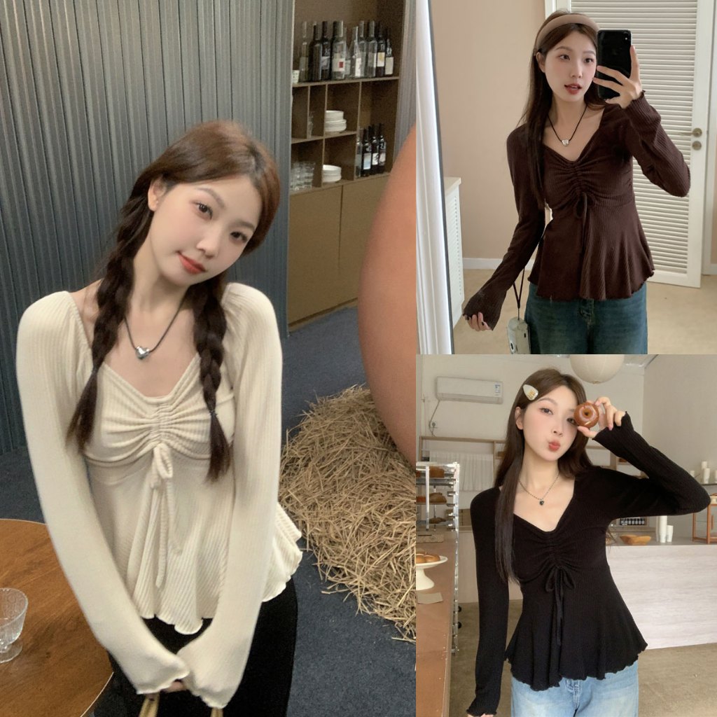 Dahong 💖เสื้อแขนยาวคอวี ผู้หญิง แบบผูกเชือก ทรงสลิมฟิต แฟชั่นฤดูใบไม้ผลิ และฤดูใบไม้ร่วง สําหรับผู้หญิง ผ้ายืด P135