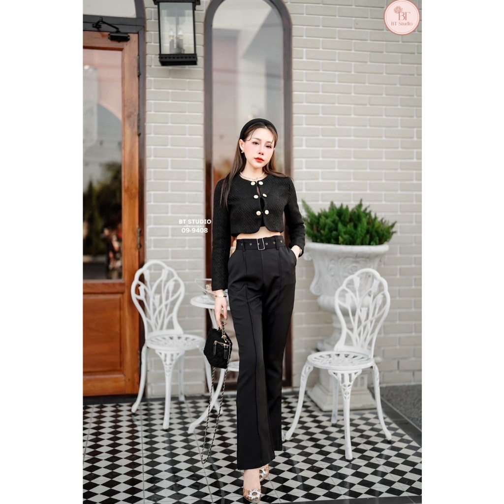 BT 09-9408 เสื้อเบเซอร์แขนยาวแมทซ์กันกับกางเกงขายาวตีเกล็ดด้านหน้า มาพร้อมเข็มขัด ใส่เที่ยว ปาร์ตี้ ออกงาน ทำงาน