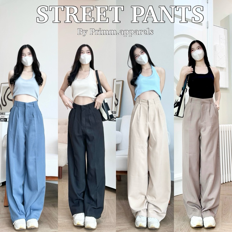STREET PANTS กางเกงเอวสูง ขากระบอกกลาง ตะขอ หูเข็มขัดเดียว มีกระเป๋า 2 ข้าง