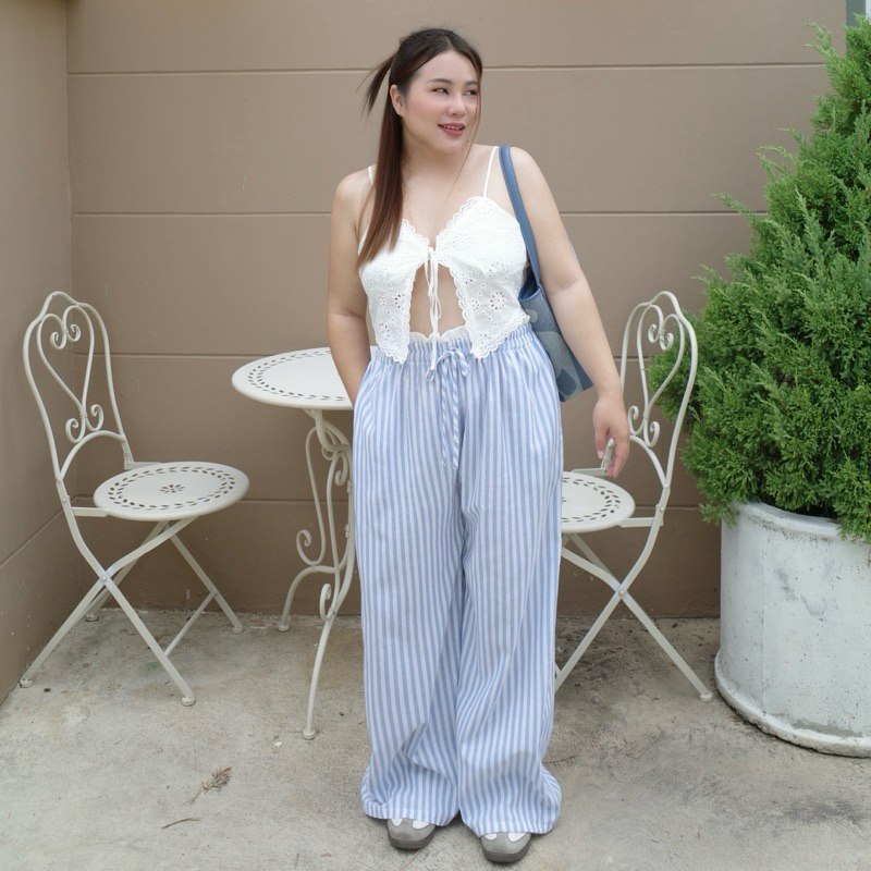 ⛵️☀️𝐌𝐚𝐥𝐢𝐥𝐚 𝐜𝐨𝐭𝐭𝐨𝐧 𝐒𝐞𝐭  🏖️✨ กางเกงลายริ้วแต่งขอบระบาย