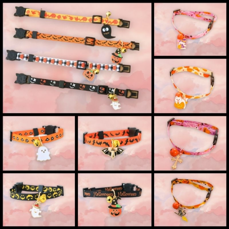 (HW05)(พร้อมส่งจากไทย!!) ปลอกคอนิรภัยสีสวยพร้อมจี้ลายฮาโลวีนสีสวยละมุนมาก สำหรับแมว-สุนัข ราคาถูกมากๆ