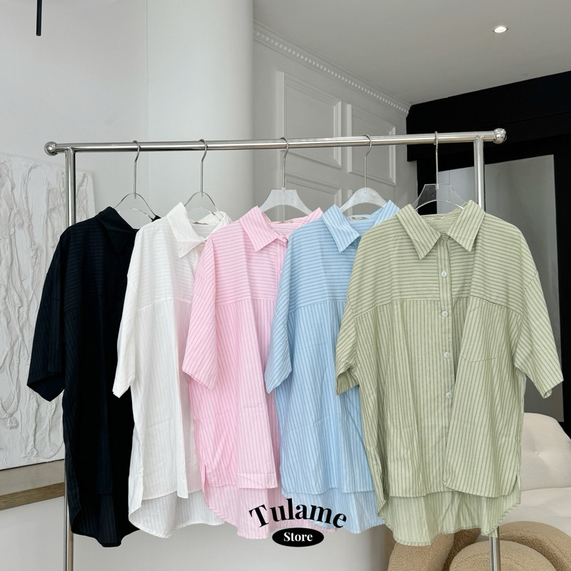 เสื้อเชิ้ตแขนสั้น ลายริ้ว อก52 ผ่าข้าง ผ้าสวยใส่สบาย