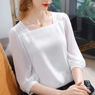 เสื้อชีฟองคอเหลี่ยม มีซับในไม่บาง ใส่สบาย ตัดโดยช่างไทย