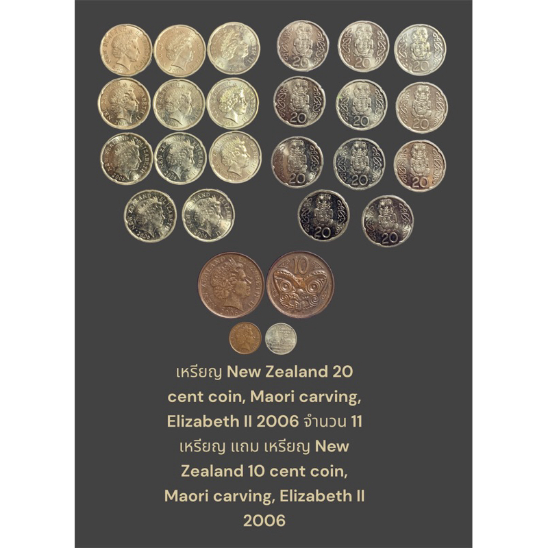 เหรียญ New Zealand 20 cent coin,Maori carving, Elizabeth II 2006 จำนวน 11 เหรียญ แถมเหรียญ New Zeala