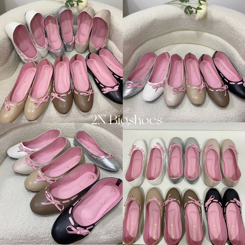 รองเท้าคัทชูไซส์ใหญ่ 41-45 แมรี่เจนไซส์ใหญ่ หัวมน ริบบิ้นชมพู (เท้าอวบบวกไซส์)