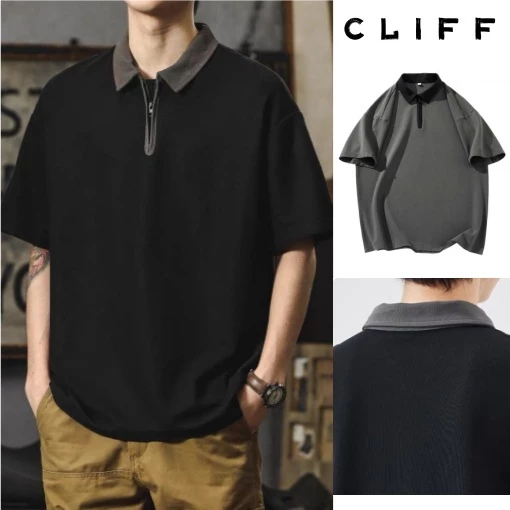 CLIFF เสื้อโปโลผู้ชาย ซิป สีผสม แบบหลวม แมทช์ลุคง่าย แขนสั้นคอปก เหมาะสำหรับธุรกิจลำลอง
