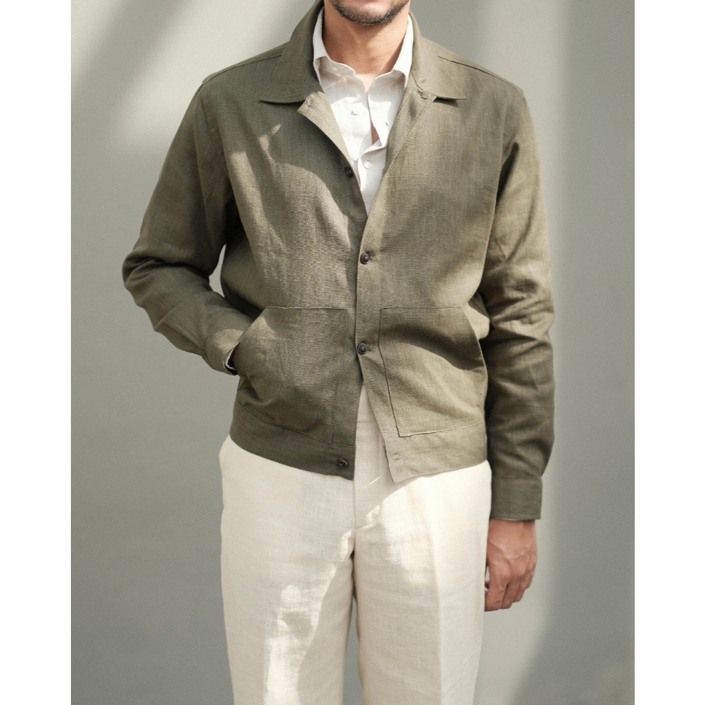 olive linen 2 pocket blouson เสื้อบลูซงผ้าลินิน2กระเป๋าสีเขียวขี้ม้า