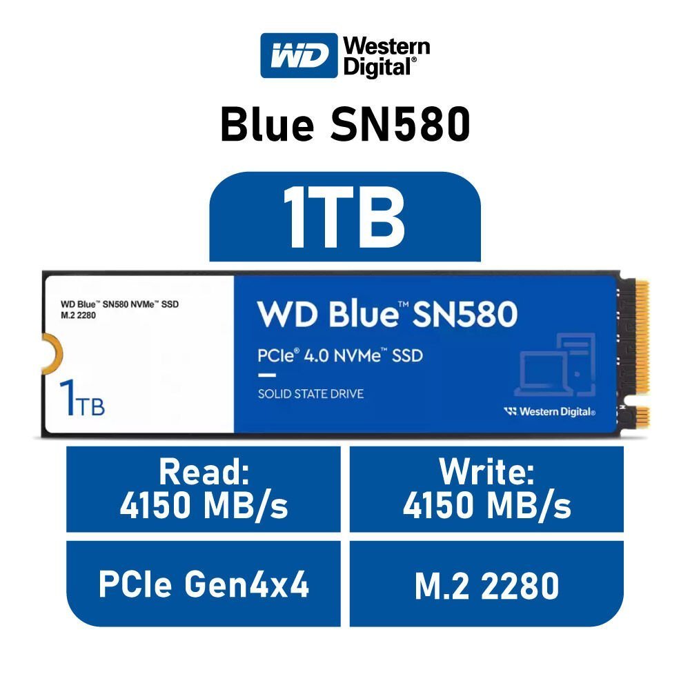 1TB SSD (เอสเอสดี) WD BLUE SN580 PCIe/NVMe M.2 2280 (WDS100T3B0E) Warranty 5 - Y