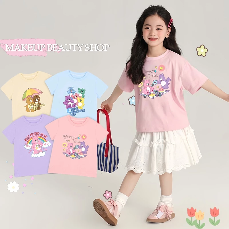 1-12ปี เสื้อยืดเด็กผู้หญิง ลายการ์ตูน เสื้อผ้าสาวๆ ผ้าฝ้ายแท้ แขนสั้น 4 สี เสื้อยืดแขนสั้นเด็กสไตส์เกาหลี