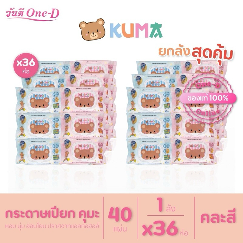 [ยกลัง] KUMA ทิชชู่เปียก คุมะ รุ่นฝาปิด40แผ่น​ : /ห่อ x 36ห่อ (คละสี)