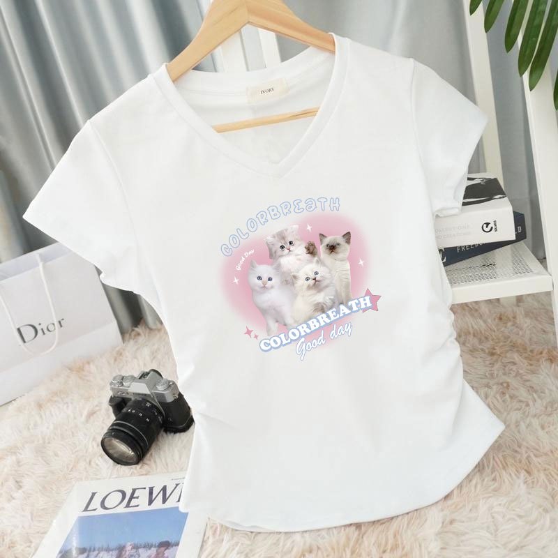 เสื้อยืดคอวีสั้นทรงสวยเข้ารูปสีพื้นบางใหม่สไตล์เกาหลี สำหรับผู้หญิง
