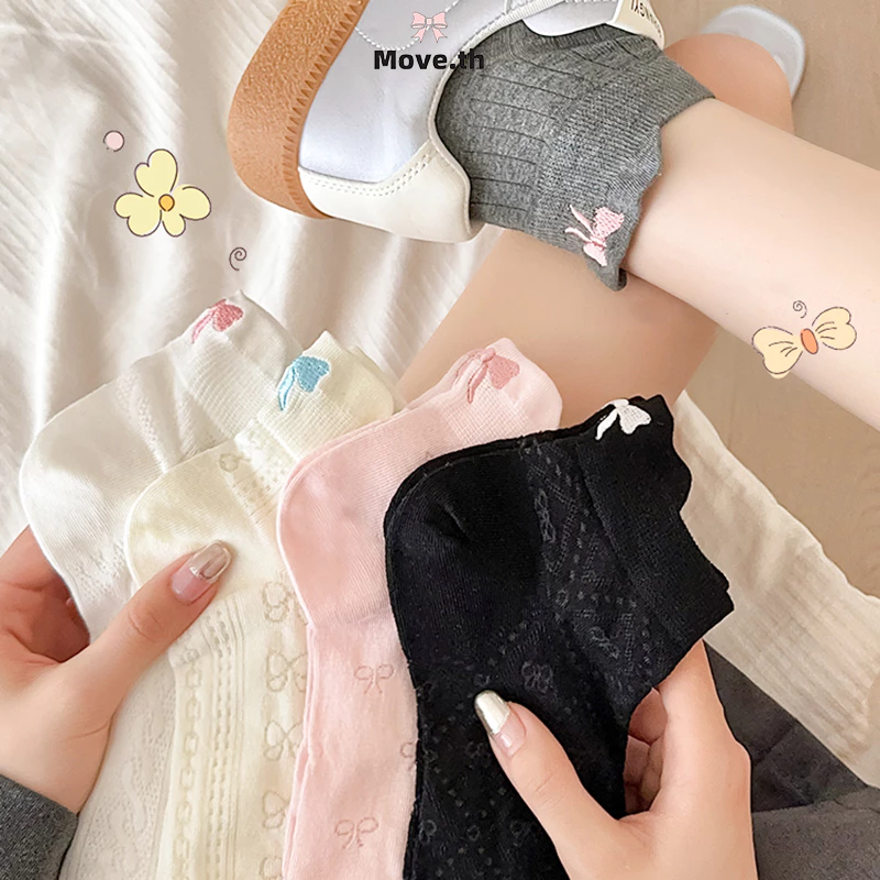 ในไทย-พร้อมส่ง✨ถุงเท้าข้อยาวIns ประดับโบว์ ตรงสั้น สีชมพู หวานสไตล์เกาหลี นักเรียนสำหรับผู้หญิง 2024ใหม่-Move