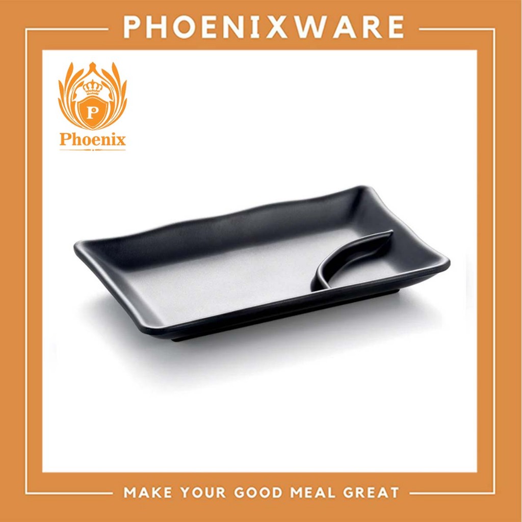 จานสี่เหลี่ยม หลุมน้ำจิ้ม 8 นิ้ว เมลามีน สีดำ Phoenix F153478