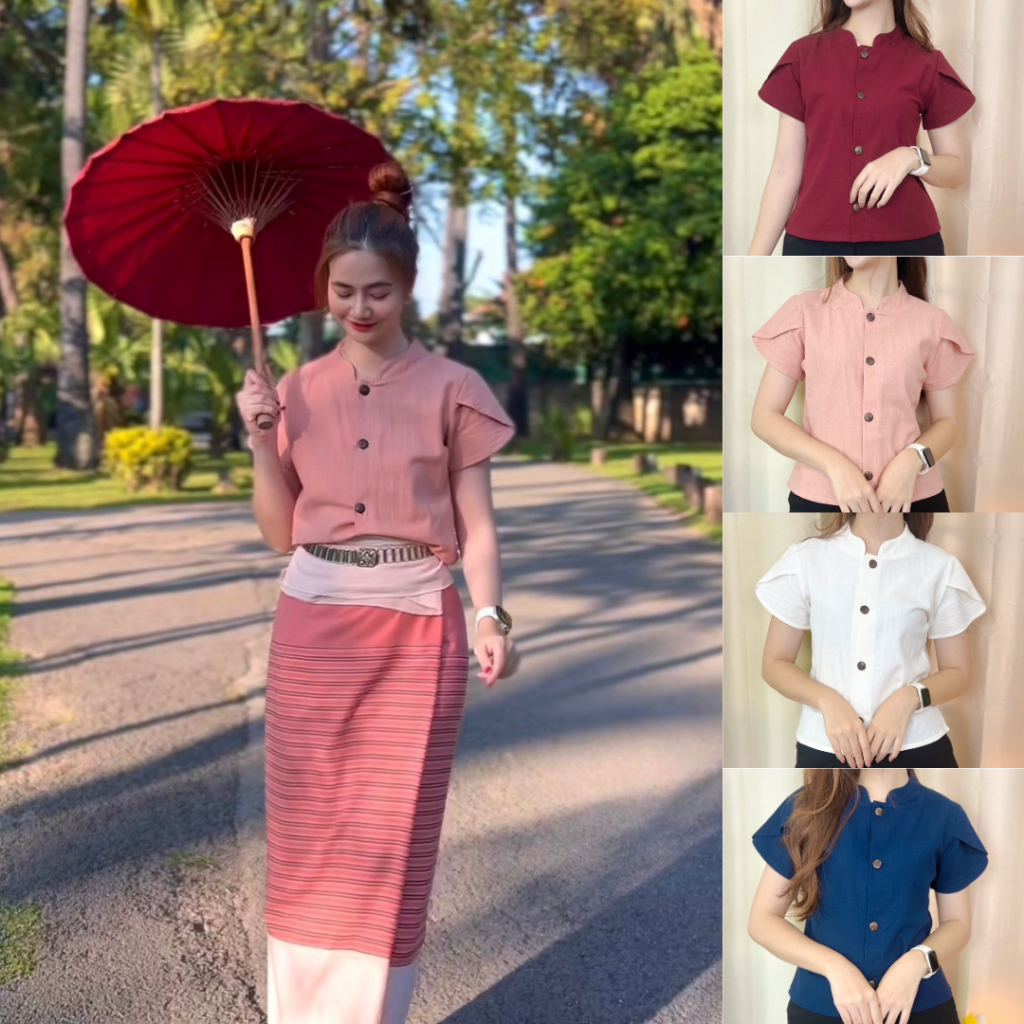 เสื้อคอจีน แขนกลีบบัว ผ้าฝ้ายเนื้อนุ่ม ใส่สบาย อก34"-40"