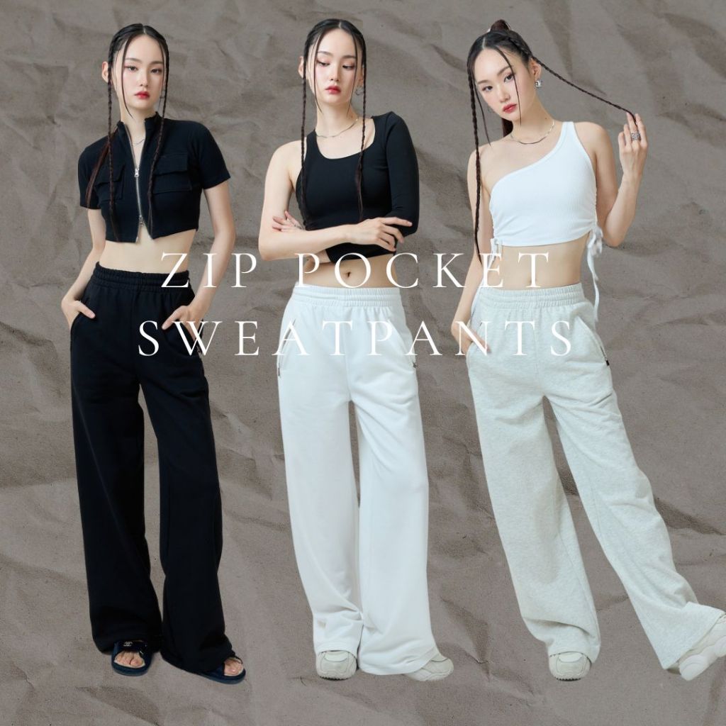 AHP069 Zip pocket sweatpants กางเกงขายาวดีเทลกระเป๋าซิปรูด