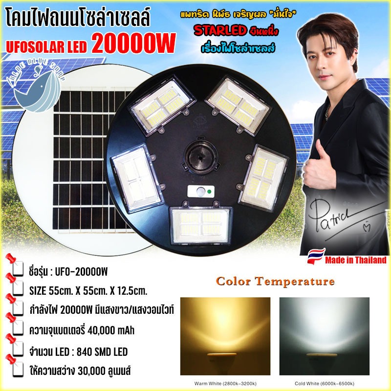 สว่างยันเช้า UFO20000W โคมถนน UFO Solar Light 5ทิศทาง 20ช่องแสง 360องศา แสงขาว/แสงวอร์มไว