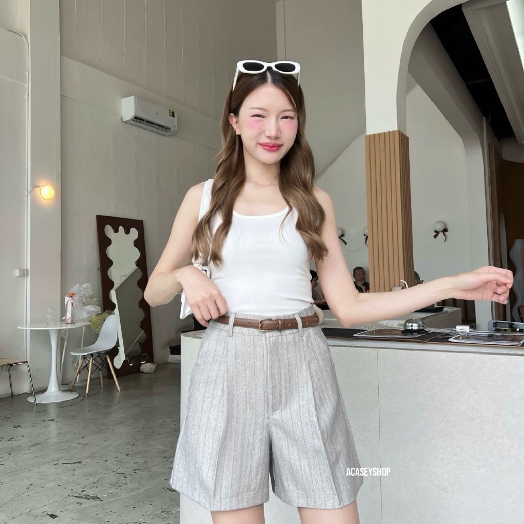 Acasey กางเกงขาสั้นผู้หญิง ผ้าชิโนก้างปลาสุดพรีเมียม ผ้านุ่มมาก ทรงไม่รัดขา รุ่นขาสั้นริ้วก้างปลา - รูปที่ 4