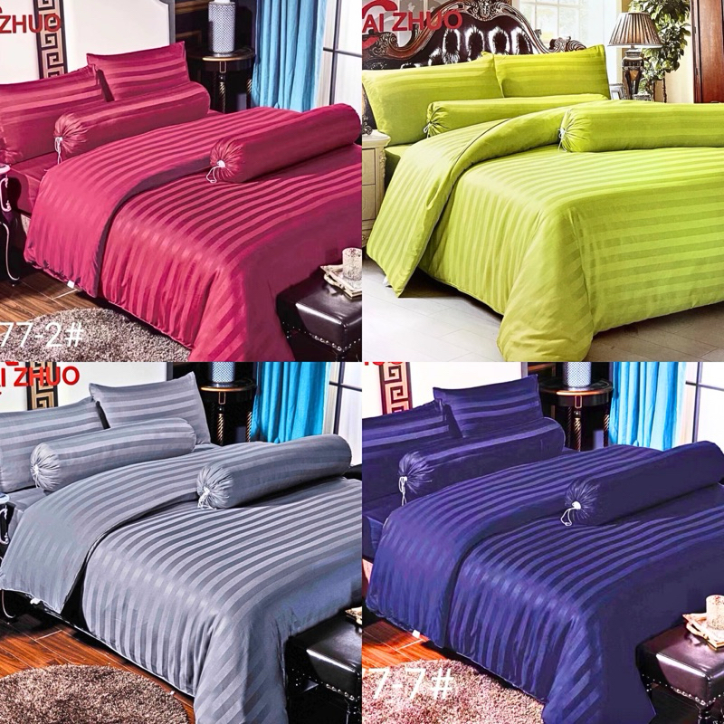 ผ้าปูที่นอนสีพื้นลายริ้ว เกรดพรีเมี่ยม งานผ้าซาติน สำหรับที่นอน 6ฟุต/5ฟุต แบบชุด 5 ชิ้น