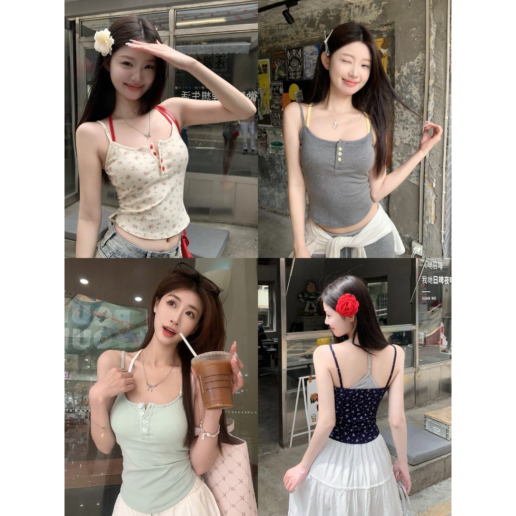 เสื้อสายเดี่ยว สานเดี่ยว พร้อมฟองน้ำ สายปรับได้ กระดุมใช้งานได้ สายเดี่ยวสองเส้น #1512254