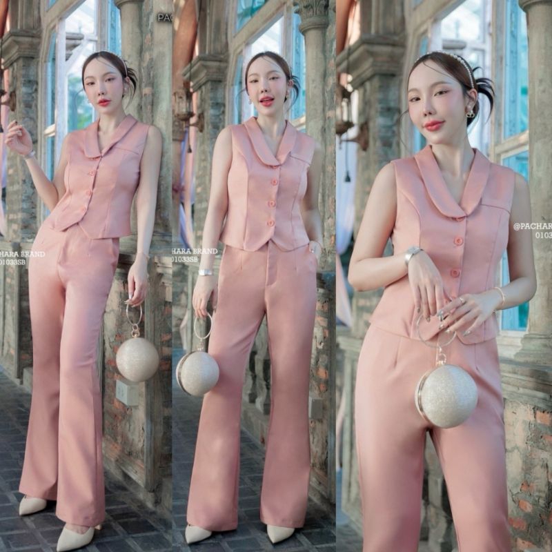 เซ็ต 2 ชิ้น เสื้อคอปกแขนกุดสีชมพูพีช แมทช์คู่กับกางเกงขายาวเอวสูง(01033SB)