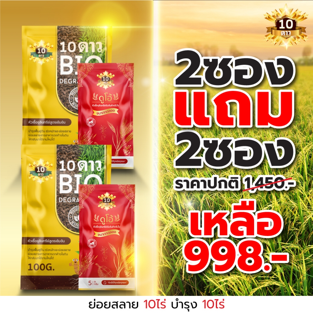 ของแท้100% 10 ดาว หัวเชื้อจุลินทรีย์ สูตรเข้มข้น ย่อยสลายฝาง ข้าวดีด ข้าวเด้ง(ขนาด100กรัม 2 แถมDUOทดลอง 2)