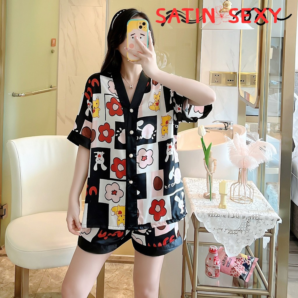 SATIN SEXY ชุดนอนเสื้อกางเกง ชุดนอนน่ารัก ชุดนอนลายพิมพ์ ลายดอกไม้กระต่ายน่ารัก D-011