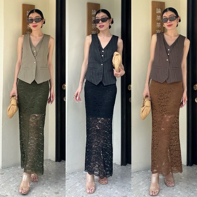 Two layers Vest Suit Top #1013 x2 เสื้อสูทแขนกุดลายริ้ว เสื้อแขนกุด สูท ลายทาง ออกงาน เรียบหรู ไปเที่ยว