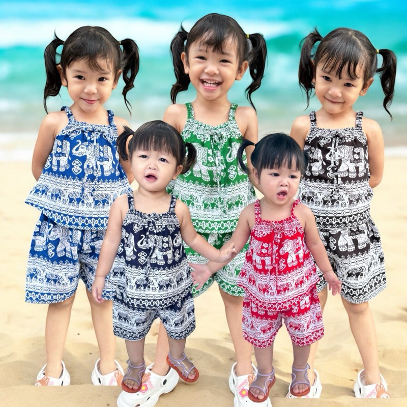 ชุดเซ็ตเด็ก ชุดสายเดี่ยวช้าง สีสันสดใสใส่แล้วน่ารักปุ๊กปิ๊ก