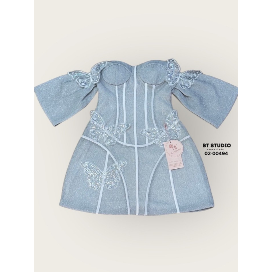 BT 02-00494 เดรสสั้นเกาะอกแต่งผีเสื้อกระจาย