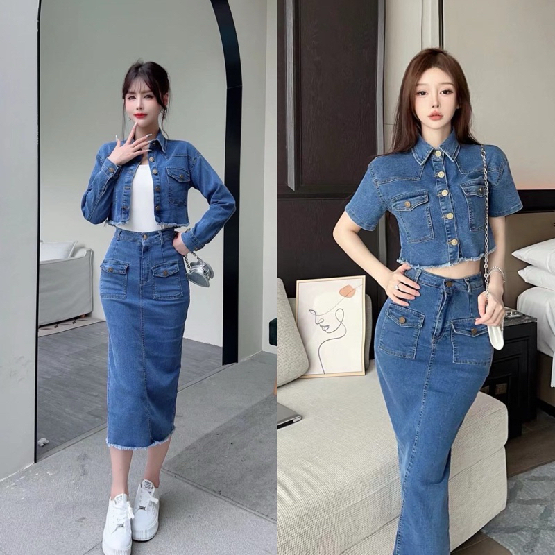 เซทยีนส์ เสื้อครอป+กระโปรงยาว เอวสูง ผ่าหลัง เสื้อคอปก แขนสั้น แต่งกระเป๋าหน้า รุ่นใหม่ 6332