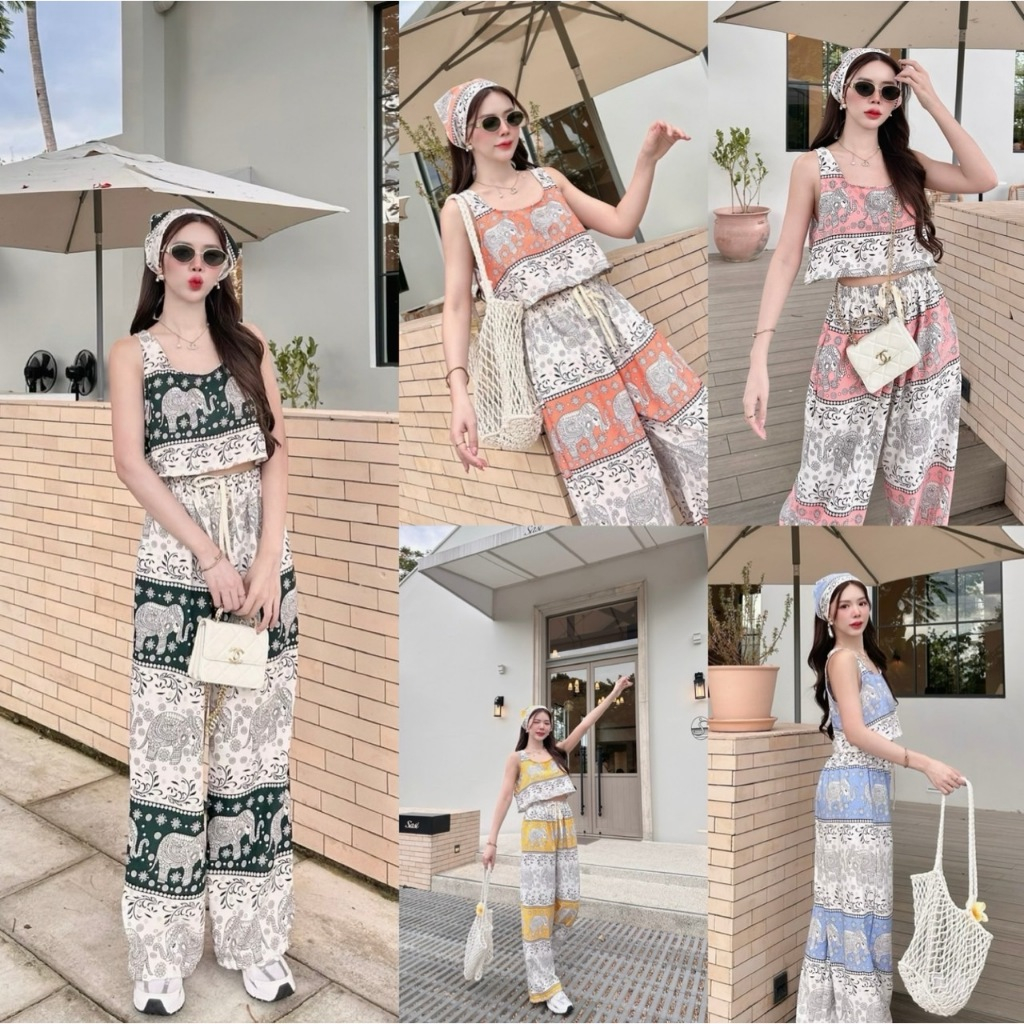 ชุดเซ็ท 3 ชิ้น (มีผ้าโพก) เซ็ทลายช้างขายาว น่ารักๆฟิลคุณหนู ทะเล สาวอวบใส่ได้ เสื้อกล้ามช้าง ป้าย Sheeny.