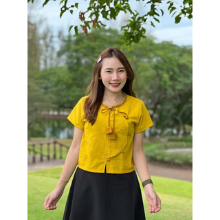 เสื้อสีฟ้า ผ้าฝ้ายพื้นเมือง ผูกเชือกทิวลิปเก๋ๆร่วมสมัยใส่ออกงาน ใส่ทำงานได้