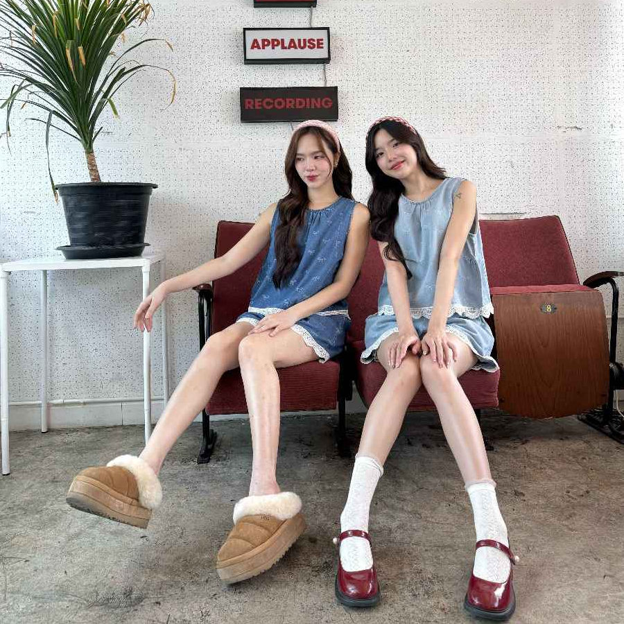 JARINYA Set 2 ชิ้น เสื้อแขนกุด + กางเกงยีนส์ ลายโบว์