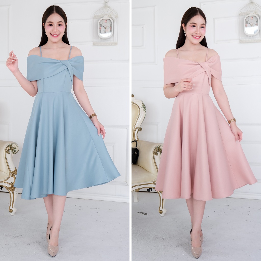 LX6108  Dress เปิดบ่า โบว์เอียงข้าง กระโปรงบานสไตล์เกาหลี ชุดไปงานแต่ง ชุดออกงาน เดรสเพื่อนเจ้าสาว [LUXURY707]