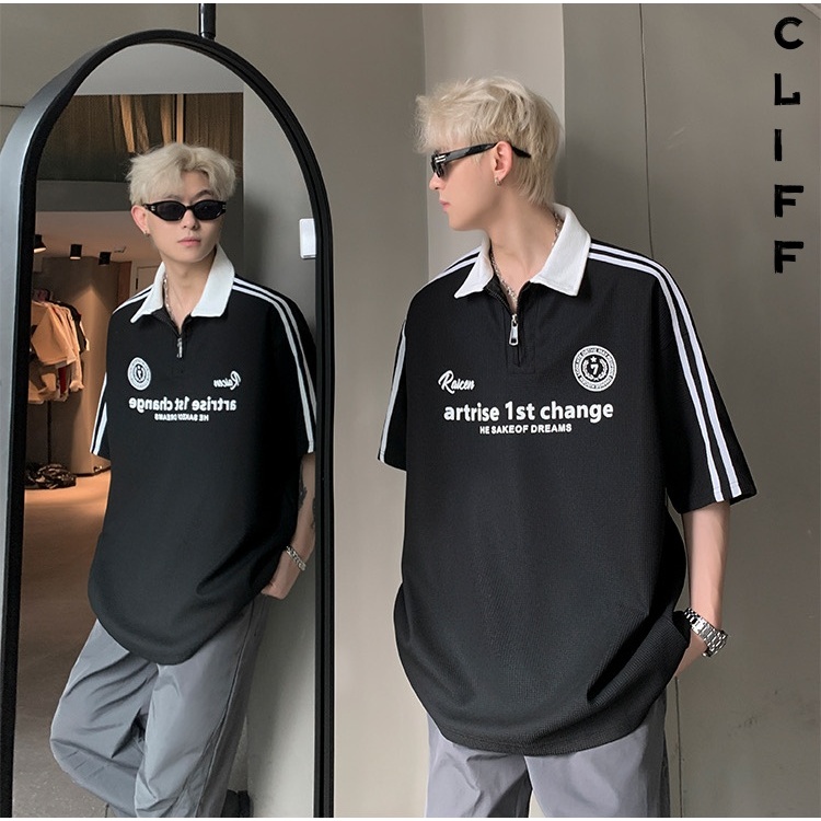 CLIFF เสื้อโปโลผู้ชาย ซิปคอเสื้อ แขนเสื้อ ชุดคู่รัก แขนสั้นสำหรับผู้หญิง เสื้อแบบบาง แบบหลวม - รูปที่ 2