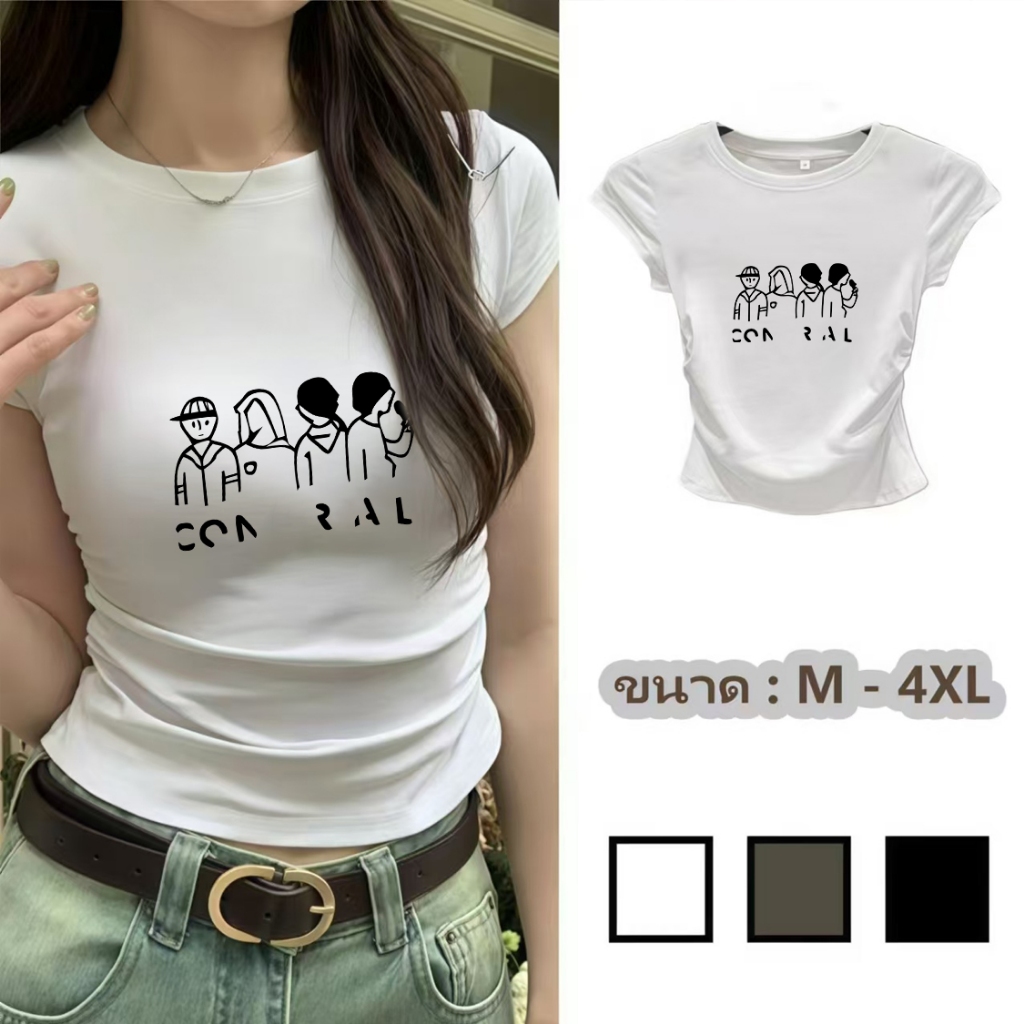 M-3XL เสื้อยืดครอป แขนสั้น เวอร์ชั่นเกาหลีของกระแสน้ำแน่นเข้ารูปพอดีสั้นเอวสูงบางผู้หญิงด้านบน