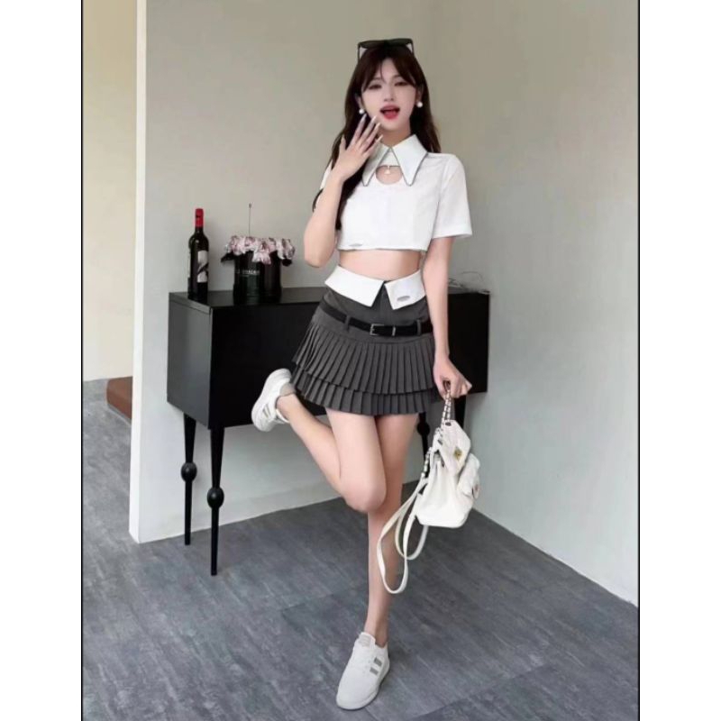 ชุดเซ็ท เสื้อ+กางเกง+เข็มขัด นำเข้าสไตล์เกาหลี