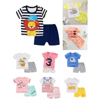 SALE ชุดเสื้อยืด คอกลม เสื้อผ้าผู้หญิง ผู้ชาย ชุดเซ็ตเสื้อแขนสั้น+กางเกงขาสั้น ชุดเด็กลายการ์ตูน น่ารักๆ ผ้า cotton