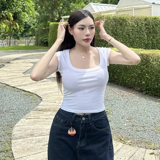 เสื้อครอป ทรงแขนเต่อ ผ้ายืดยูนิ 😻 คอเหลี่ยม ช่วยพรางหุ่นสุด สาวอวบใส่ได้ พร้อมส่ง รุ่น น้ำพริก