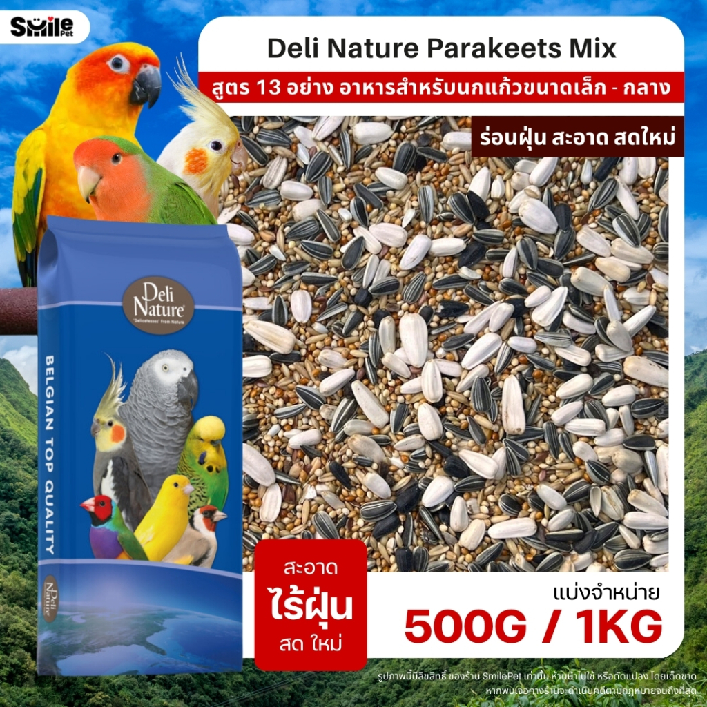 Deli Nature อาหารนกแก้ว ธัญพืช 13 อย่าง อาหารนกเลิฟเบิร์ด ฟอพัส ค็อกคาเทล และนกแก้วขนาดเล็ก - กลาง (แบ่งขาย 500G / 1KG)