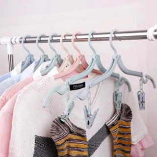 ไม้แขวนเสื้อพับได้ + ที่หนีบผ้า พับได้ (คละสี) ไม้แขวน ขนาดพกพา สีพาสเทล