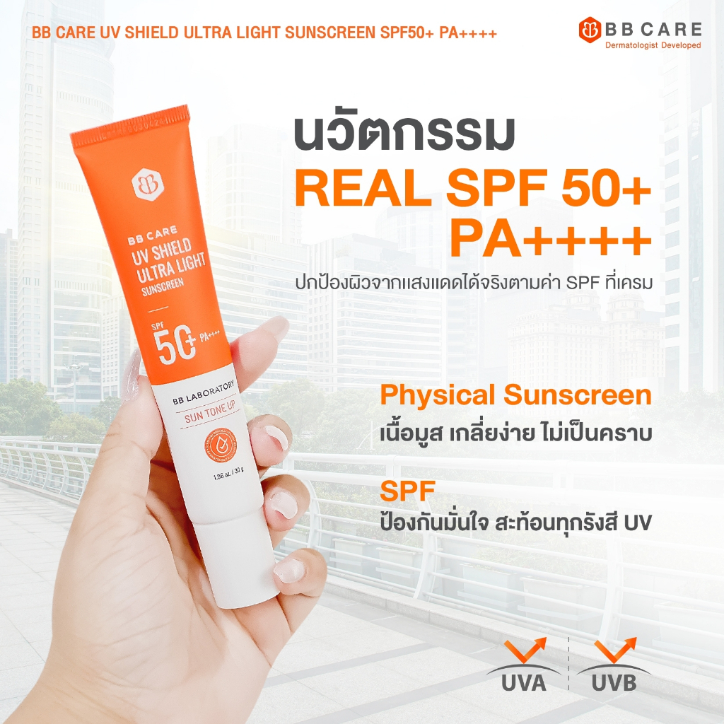 BB CARE UV SHIELD SPF 50 PA++++30g บีบีแคร์ ยูวีชิลด์ ครีมกันแดดขายดีที่สุด กันแดดเวชสำอาง(1ชิ้น)