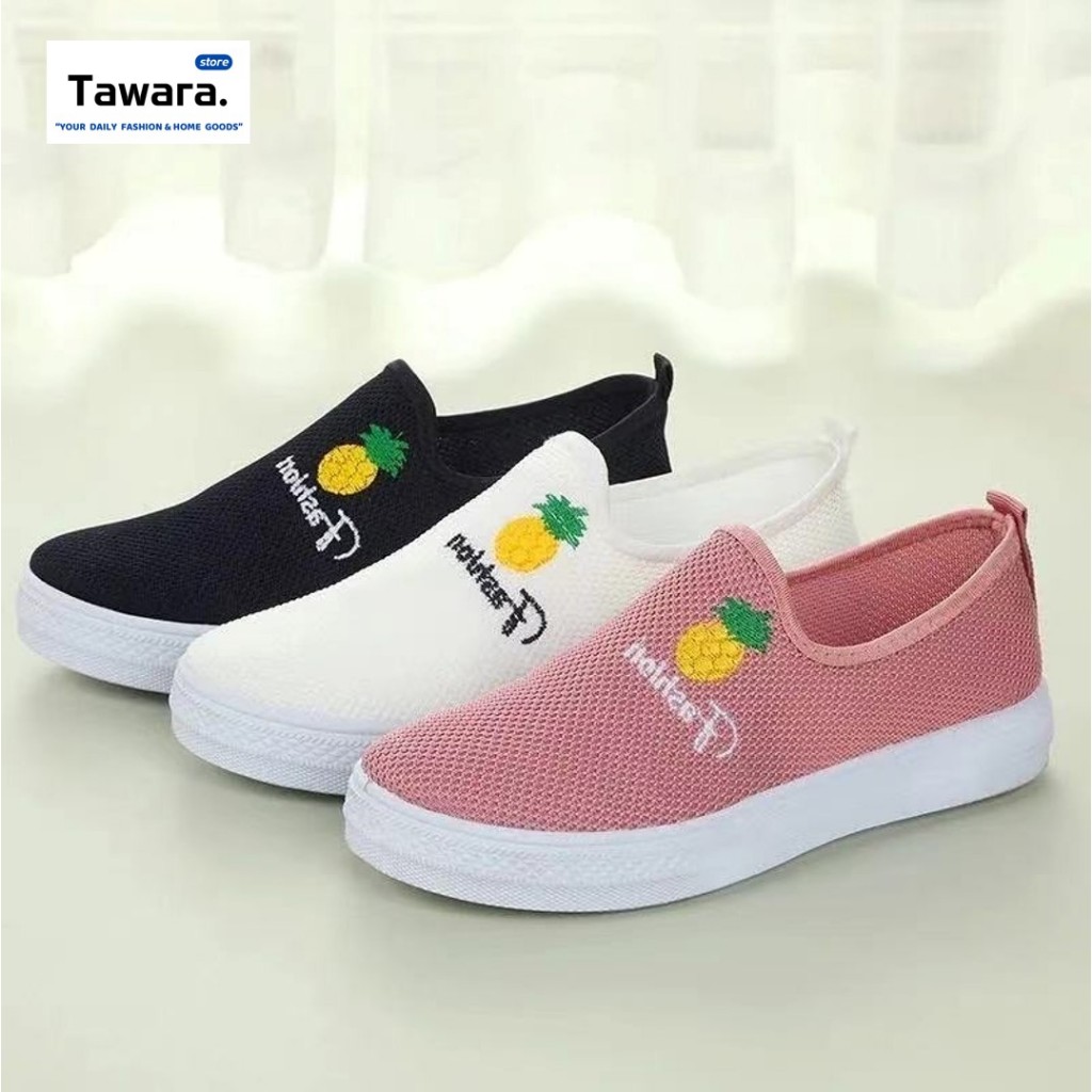 SE-037 รองเท้าผ้าใบลำลอง ผู้หญิง แบบสวม สีพื้น เรียบ แต่งลายสับปะรด ทรงสวย ใส่สบายเท้า ระบายอากาศได้ดี
